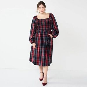 DRAPER JAMES RSVP Long Sleeve Smocked Red Tartan‎ Plaid Tiered Midi Dress 2X